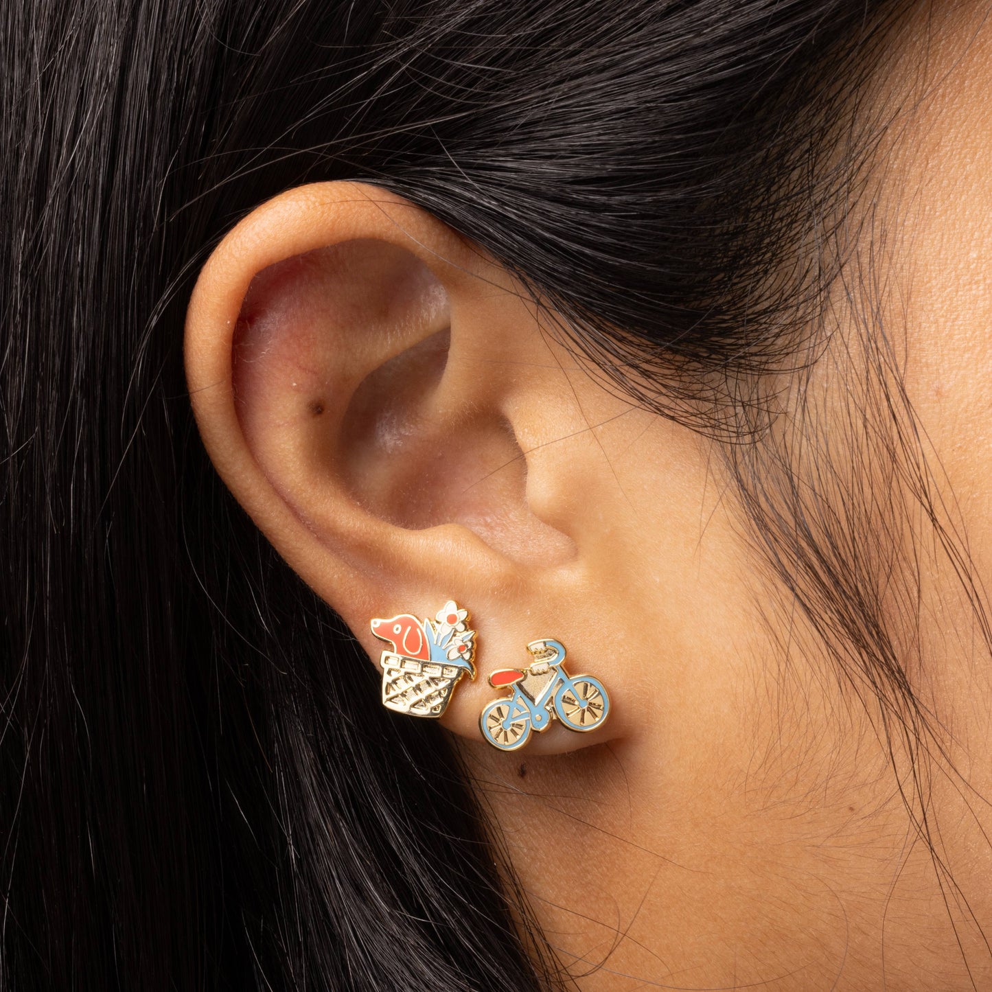 Bicycle & Dog Basket Stud Earrings - 22K Gold Plated