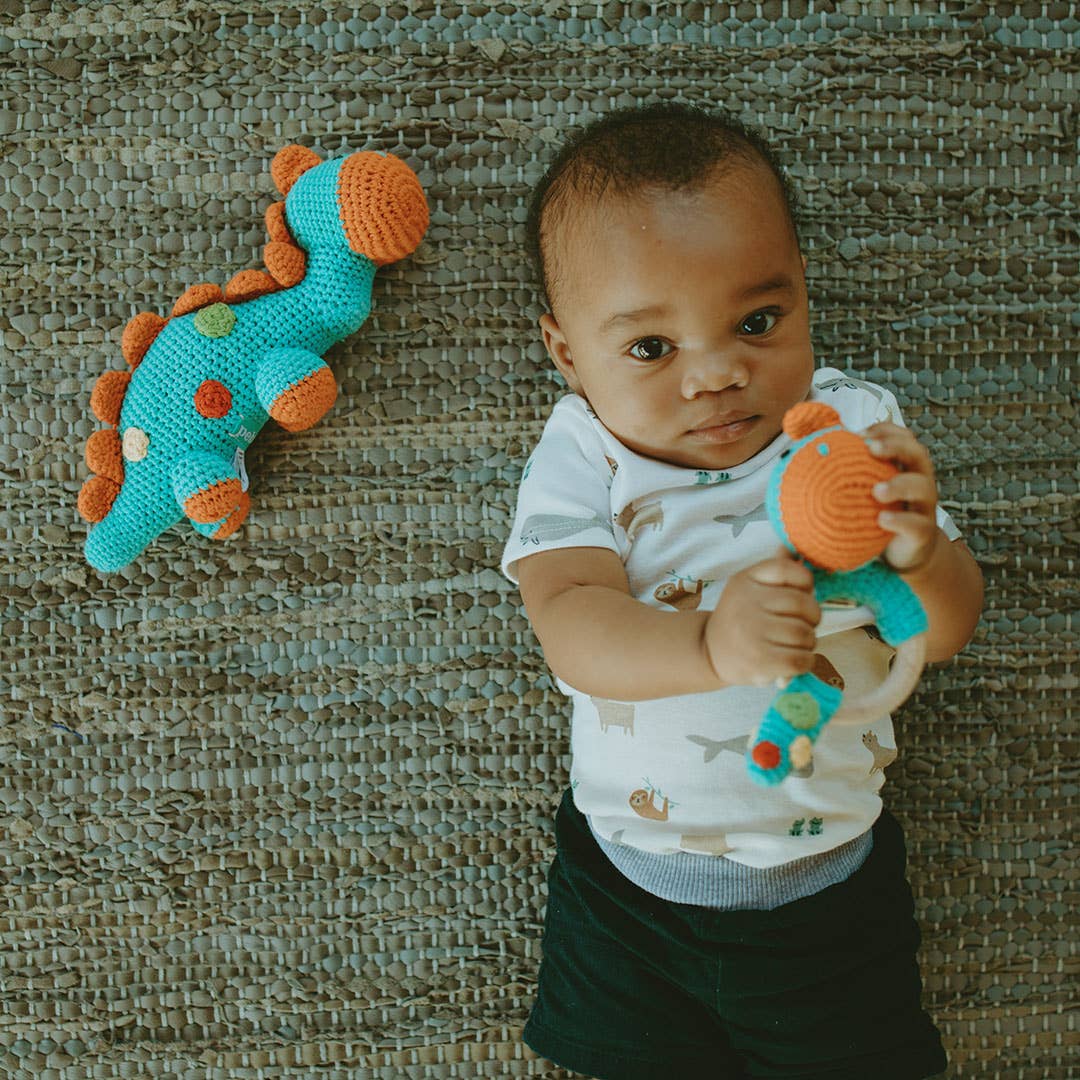 Handmade Stegosaurus Baby Rattle | Organic Cotton |Turquoise