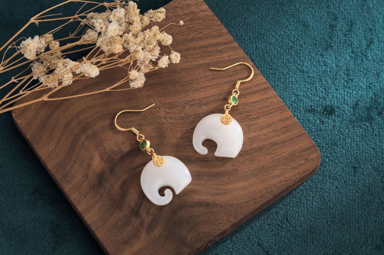 White Jade Elephant Earrings