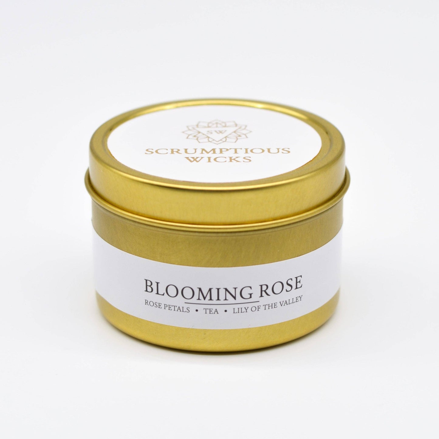 Blooming Rose 3.5oz soy/coconut wax gold tin candle