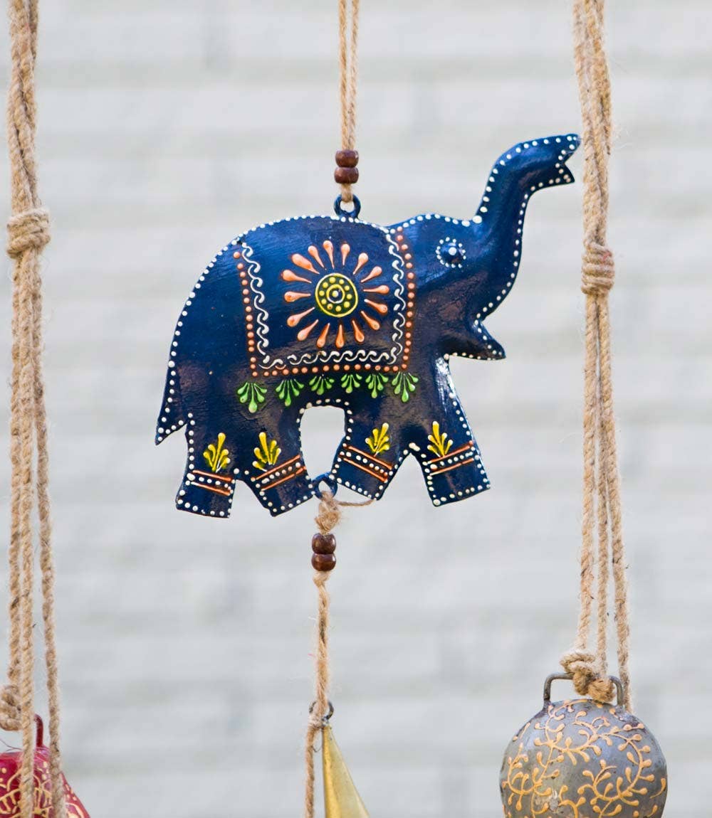 Henna Treasure Elephant Bell Wind Chime - Hand Painted Patio