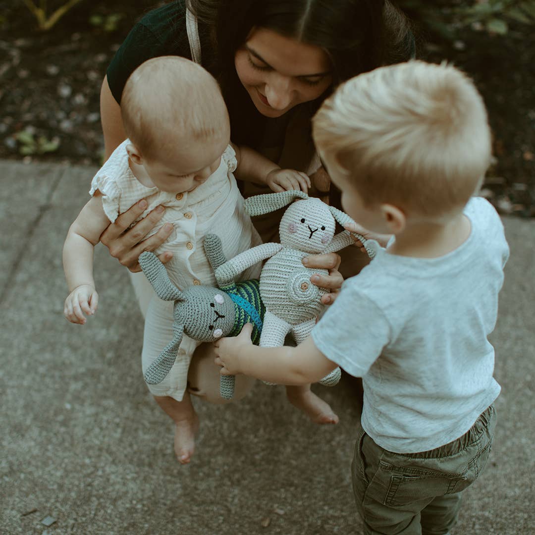 Organic Bunny Baby Rattle – Cream with Teal Belly Spot