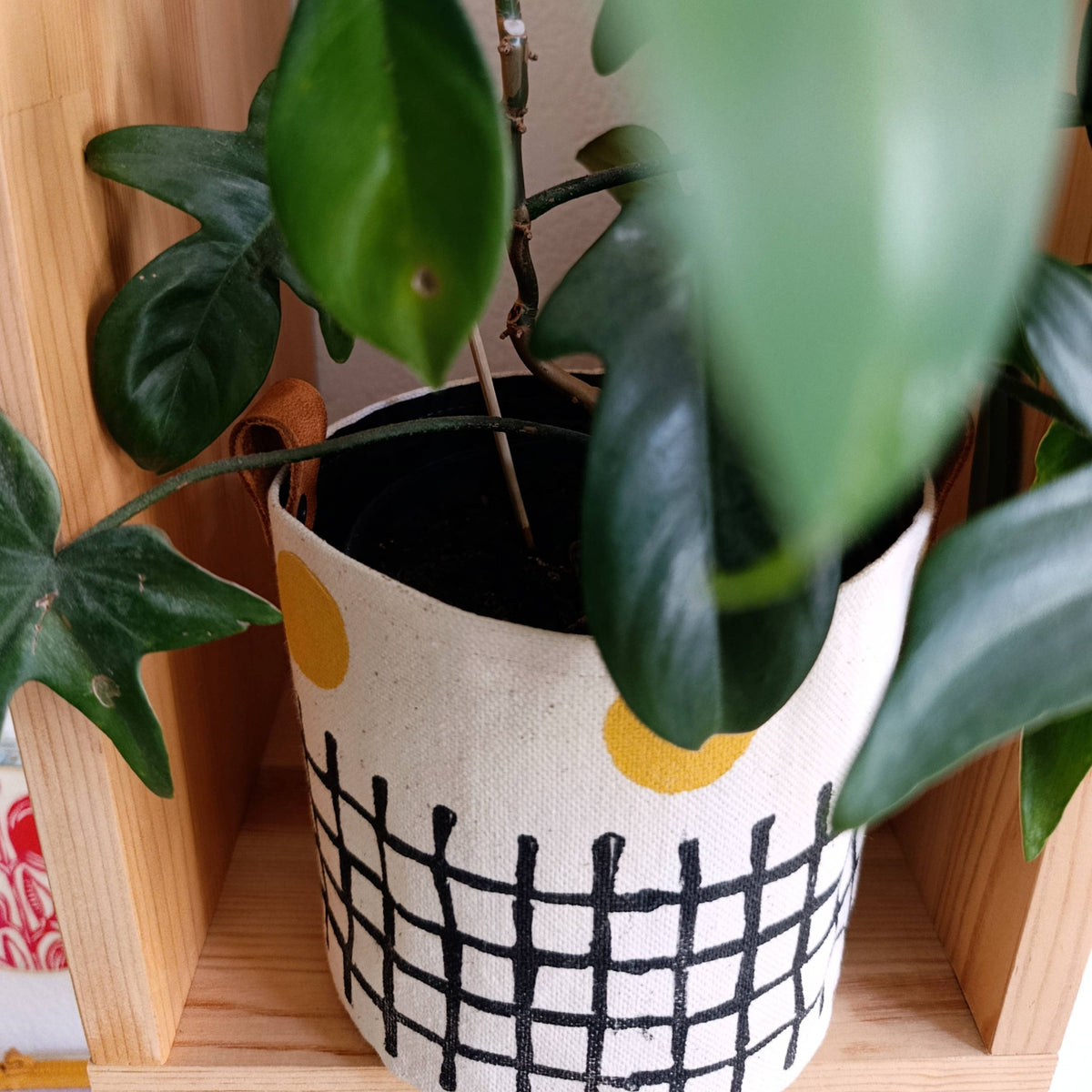 Black & Mustard Canvas Planter Cover, Grid Print Planter
