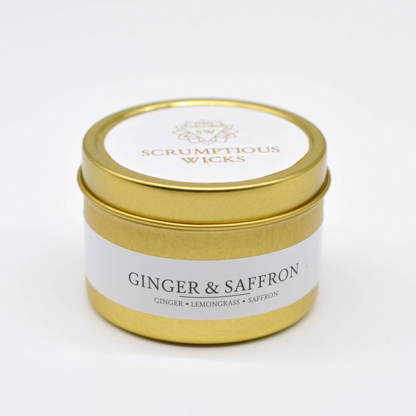 Ginger & Saffron 3.5oz soy/coconut wax gold tin candle
