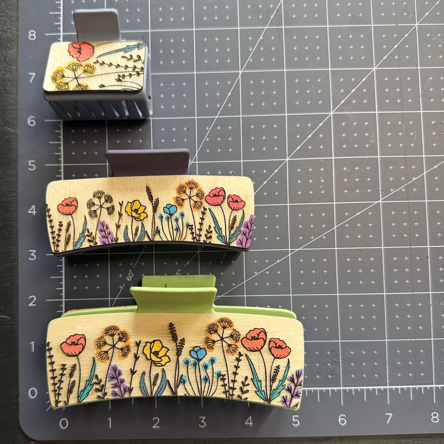 Flower Garden Wooden Claw Hair Clips in 2”, 4”, 5 inch