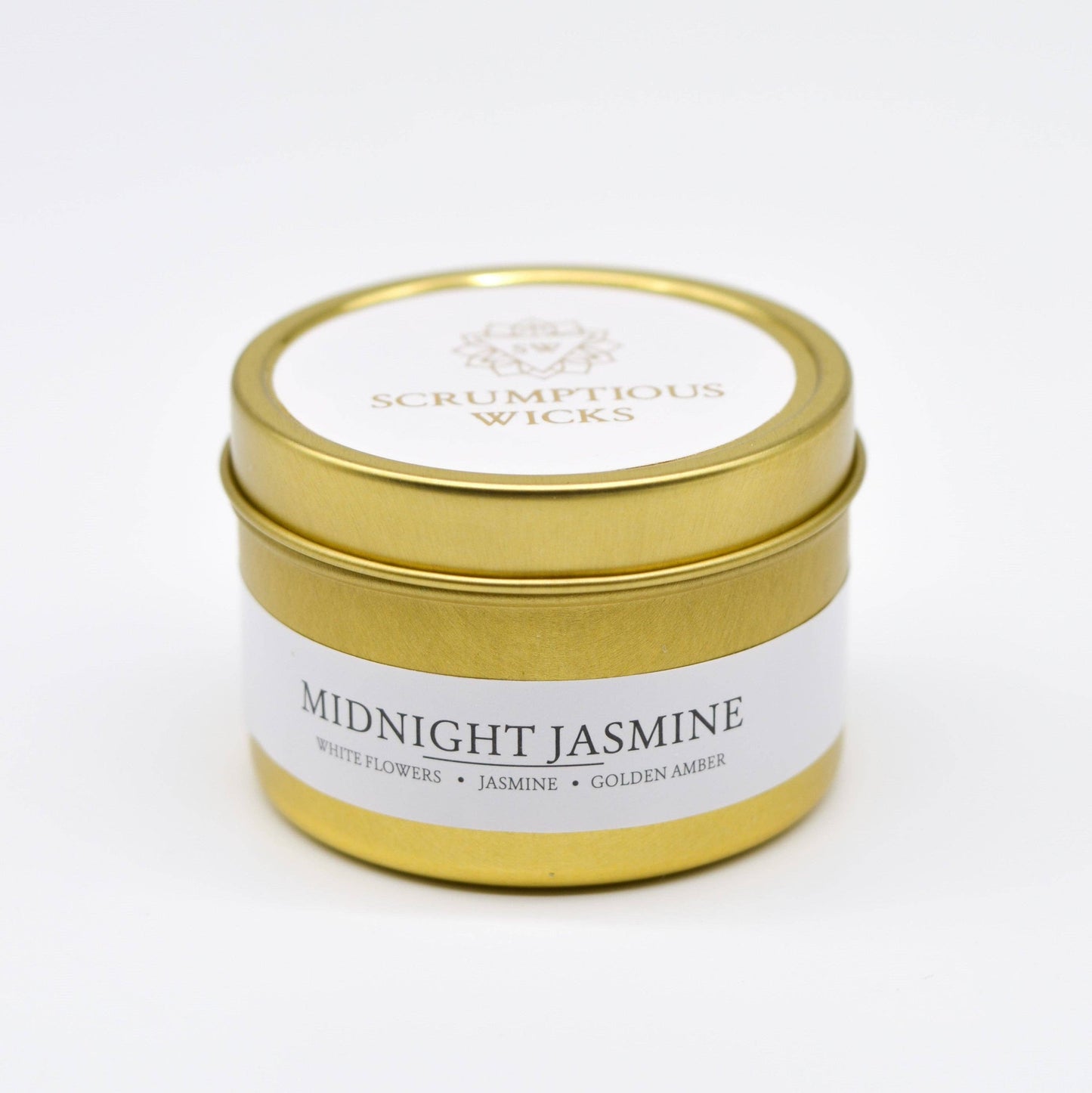 Midnight Jasmine 3.5oz soy/coconut wax gold tin candle