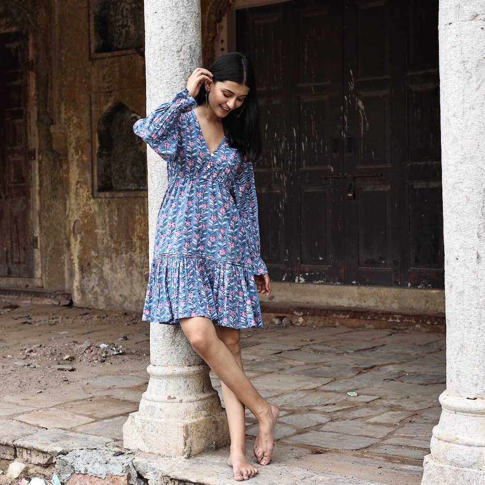 Block Printed Cotton Ruffle Sleeve Dress (Avni): S/M
