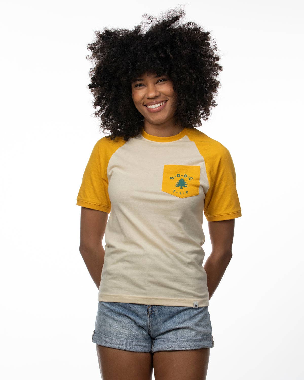 Out-of-Doors Club Raglan Pocket Tee: Honeycomb/Spectra Yellow, M