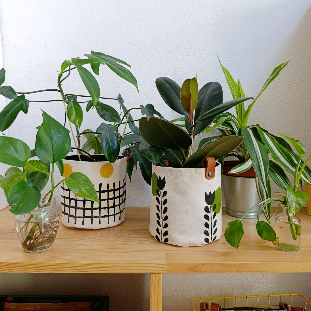 Black & Mustard Canvas Planter Cover, Grid Print Planter