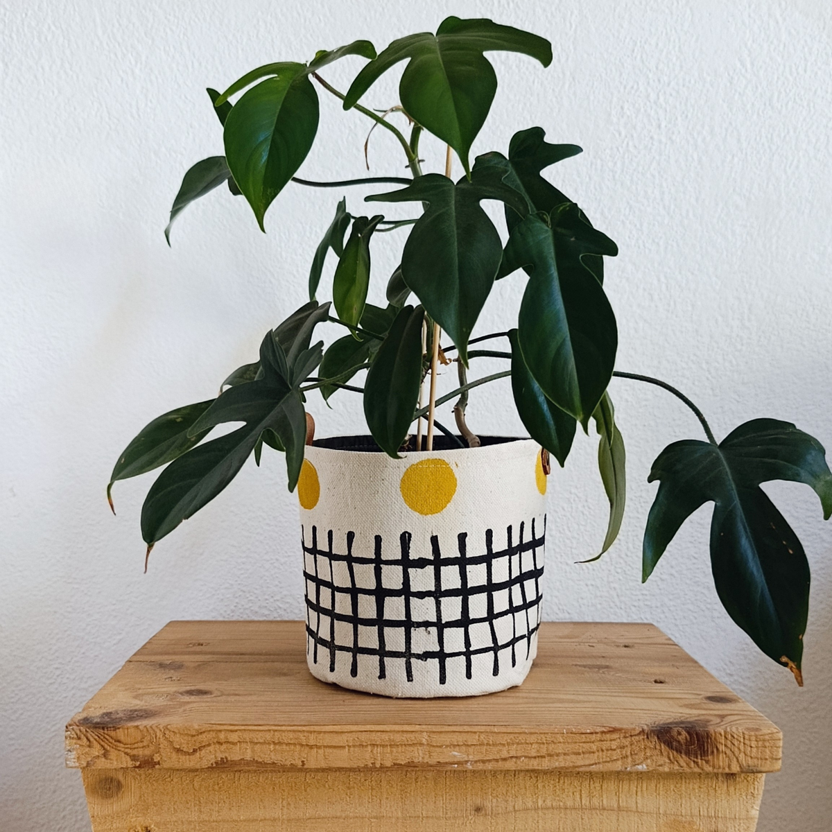 Black & Mustard Canvas Planter Cover, Grid Print Planter