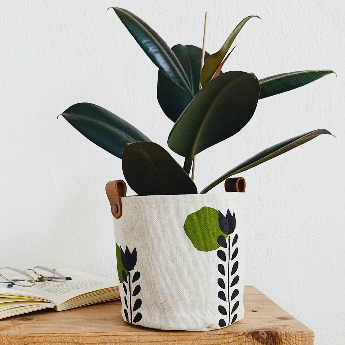 Scandinavian Plant Pot Cover, Hand Painted Canvas Planter