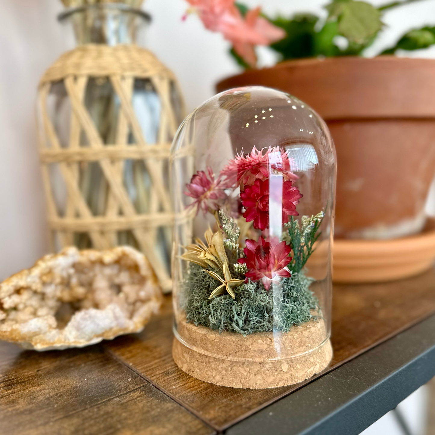 Pink Strawflower Fields Large Terrarium Glass Jar w. Florals