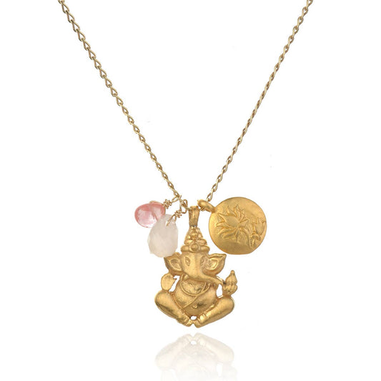 Rose Cherry Quartz Gold Ganesha Lotus Necklace
