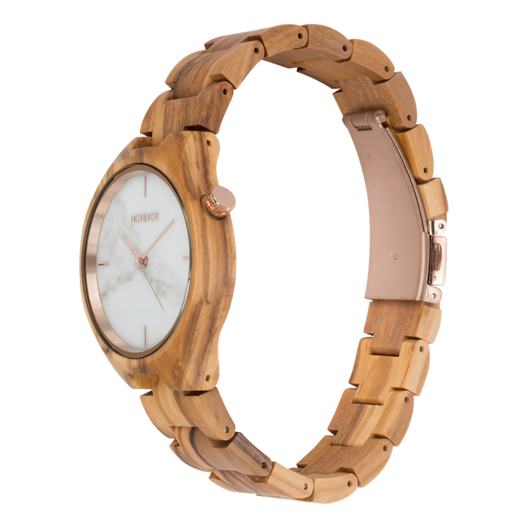 TAYGA | Wood watch | White Marble | Sustainable | Rose gold