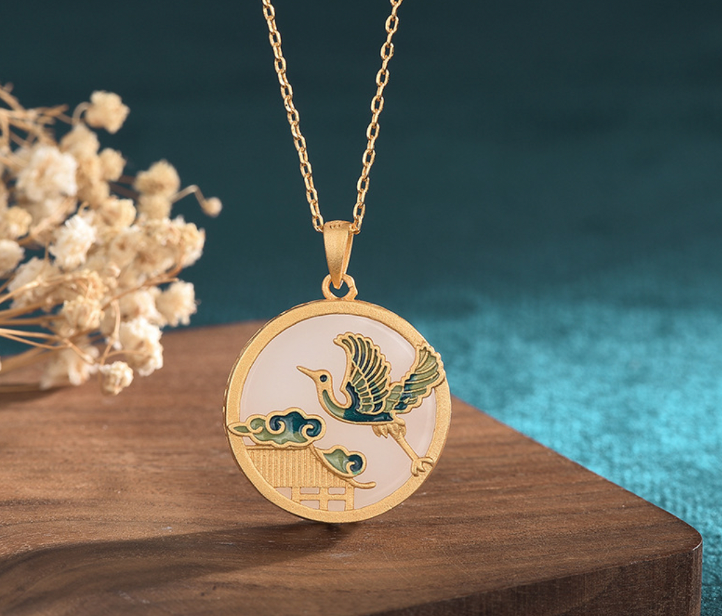 Enamel Crane Flying Necklace