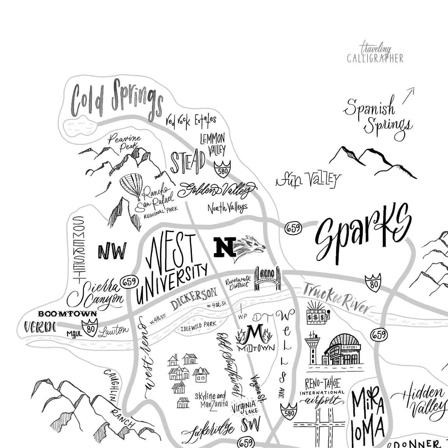 Reno, NV Neighborhood Map Print (3 sizes available)