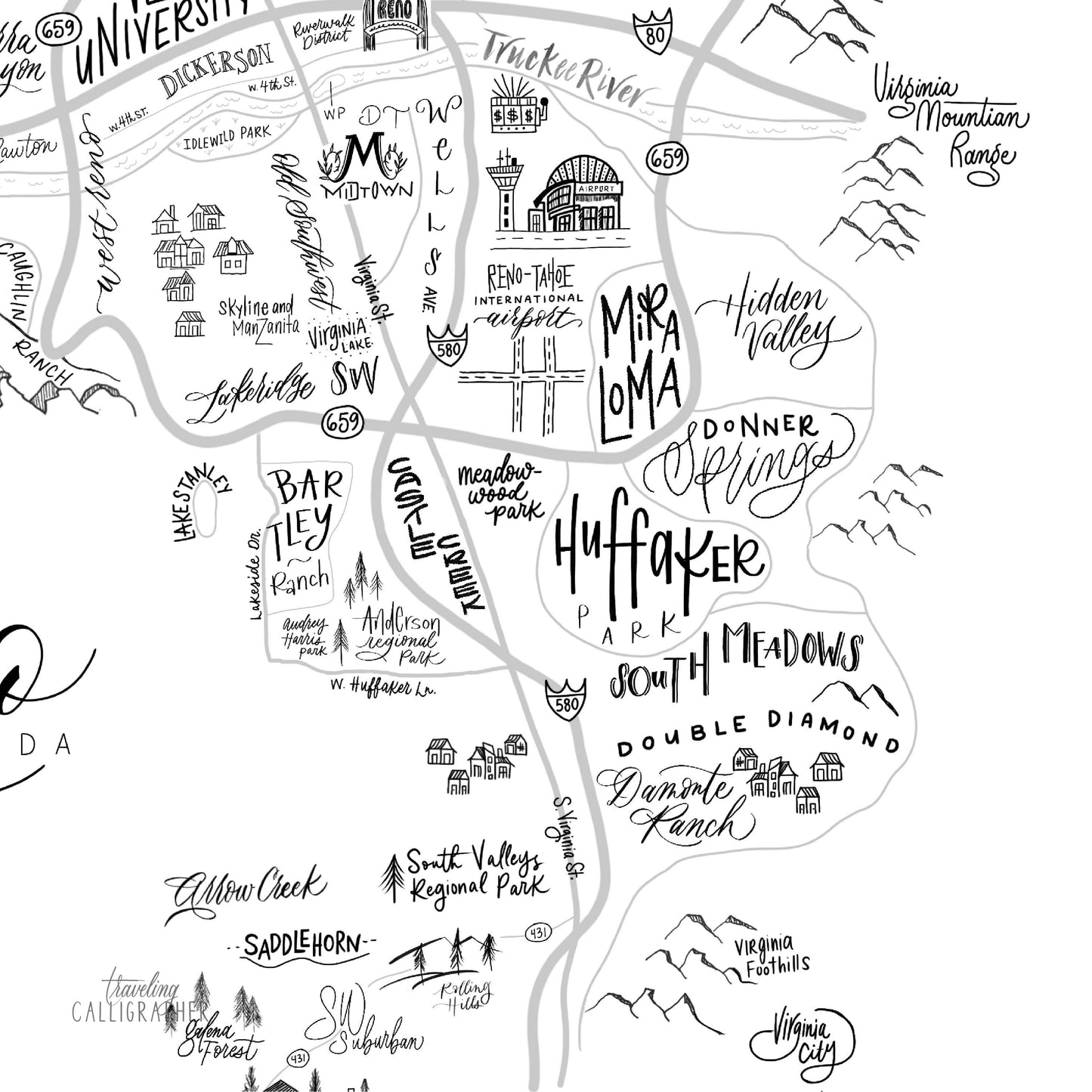 Reno, NV Neighborhood Map Print (3 sizes available)