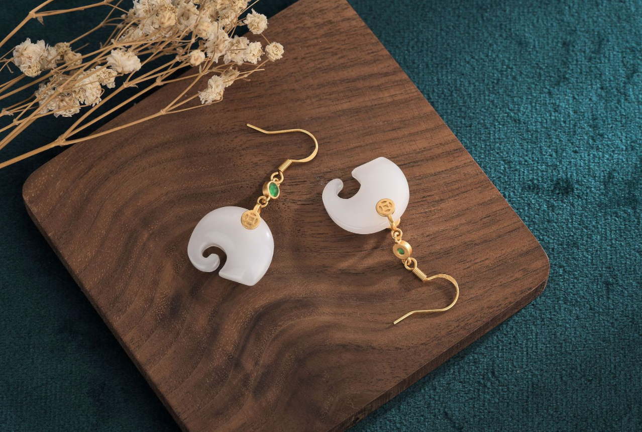 White Jade Elephant Earrings