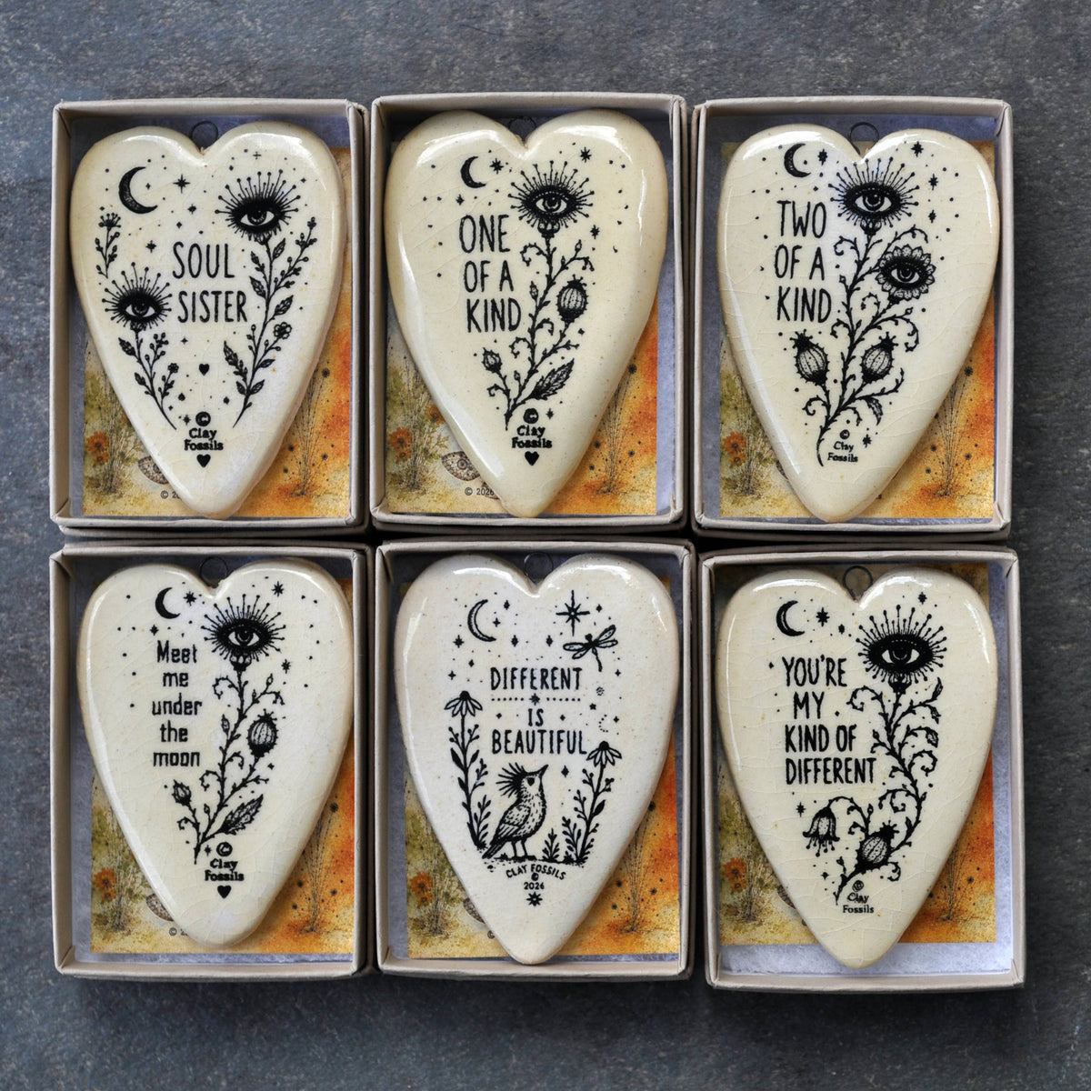 Soul Sister Eyeflowers, handmade USA, boxed gift, clay