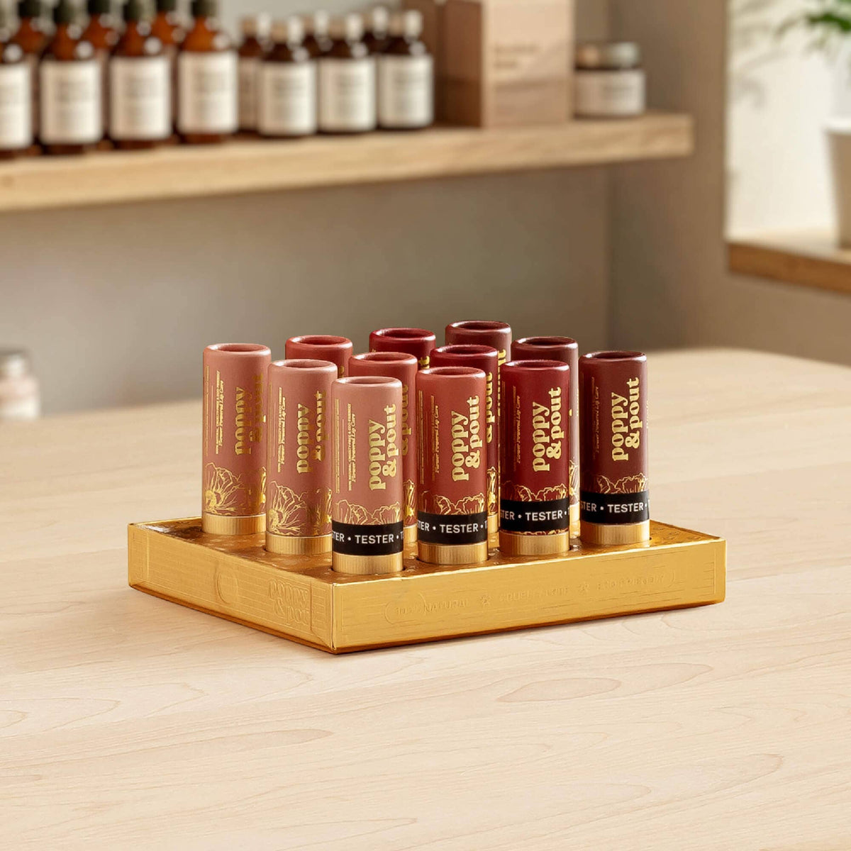 Product Display, 12 Lip Tint Tray, Gold