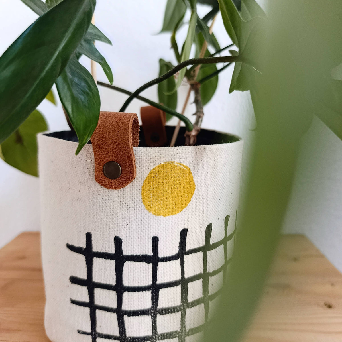 Black & Mustard Canvas Planter Cover, Grid Print Planter