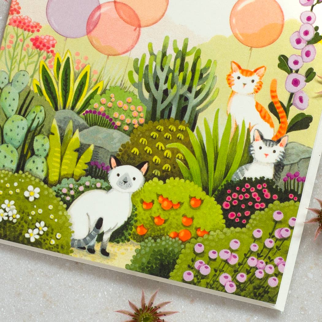 Cats in Garden Birthday Greeting Card