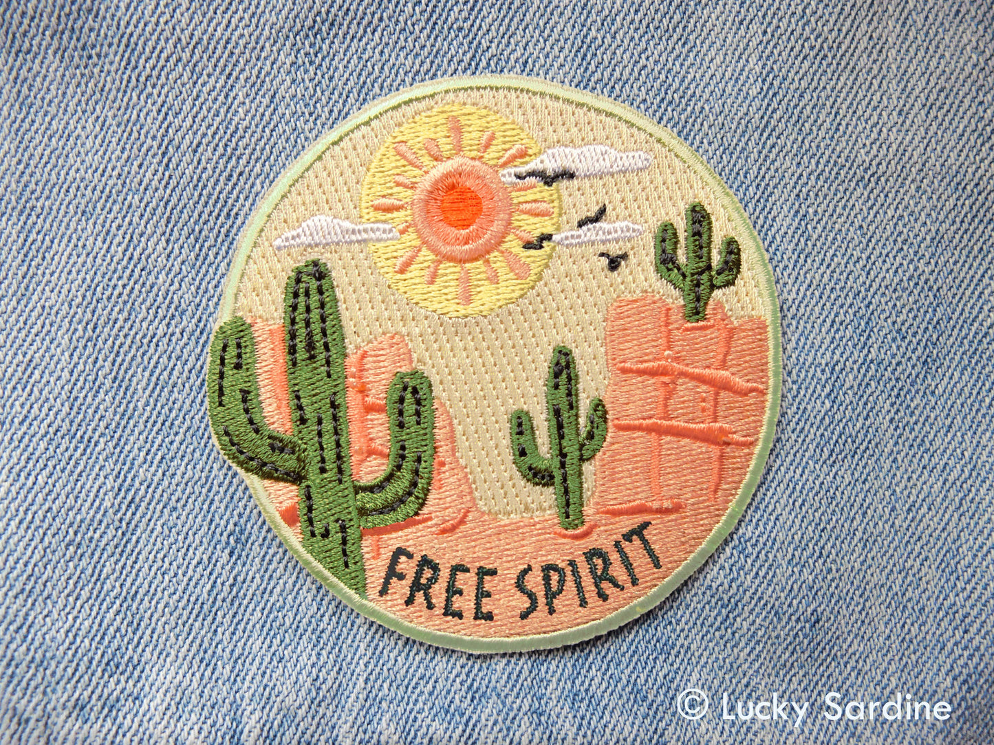 Free Spirit Desert Cactus, Sun Embroidered Iron-On Patch