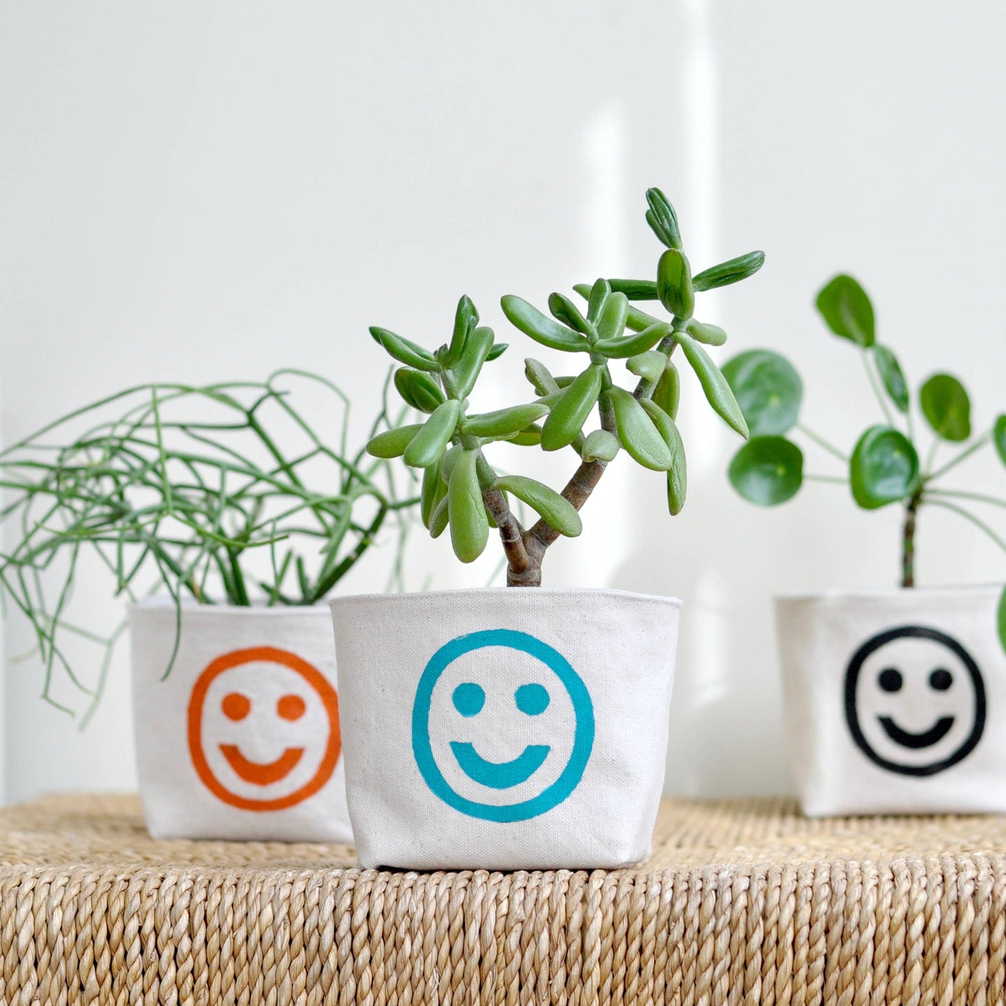 Smiley Face Blockprint Canvas Planter—4"