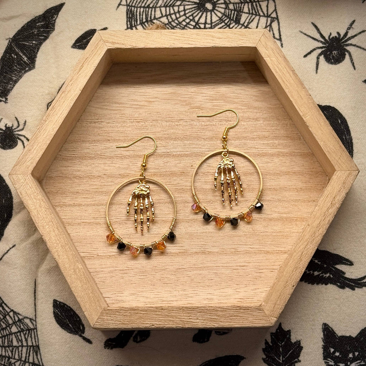 The Hand Skeleton Halloween Wire Wrapped Crystal Earrings