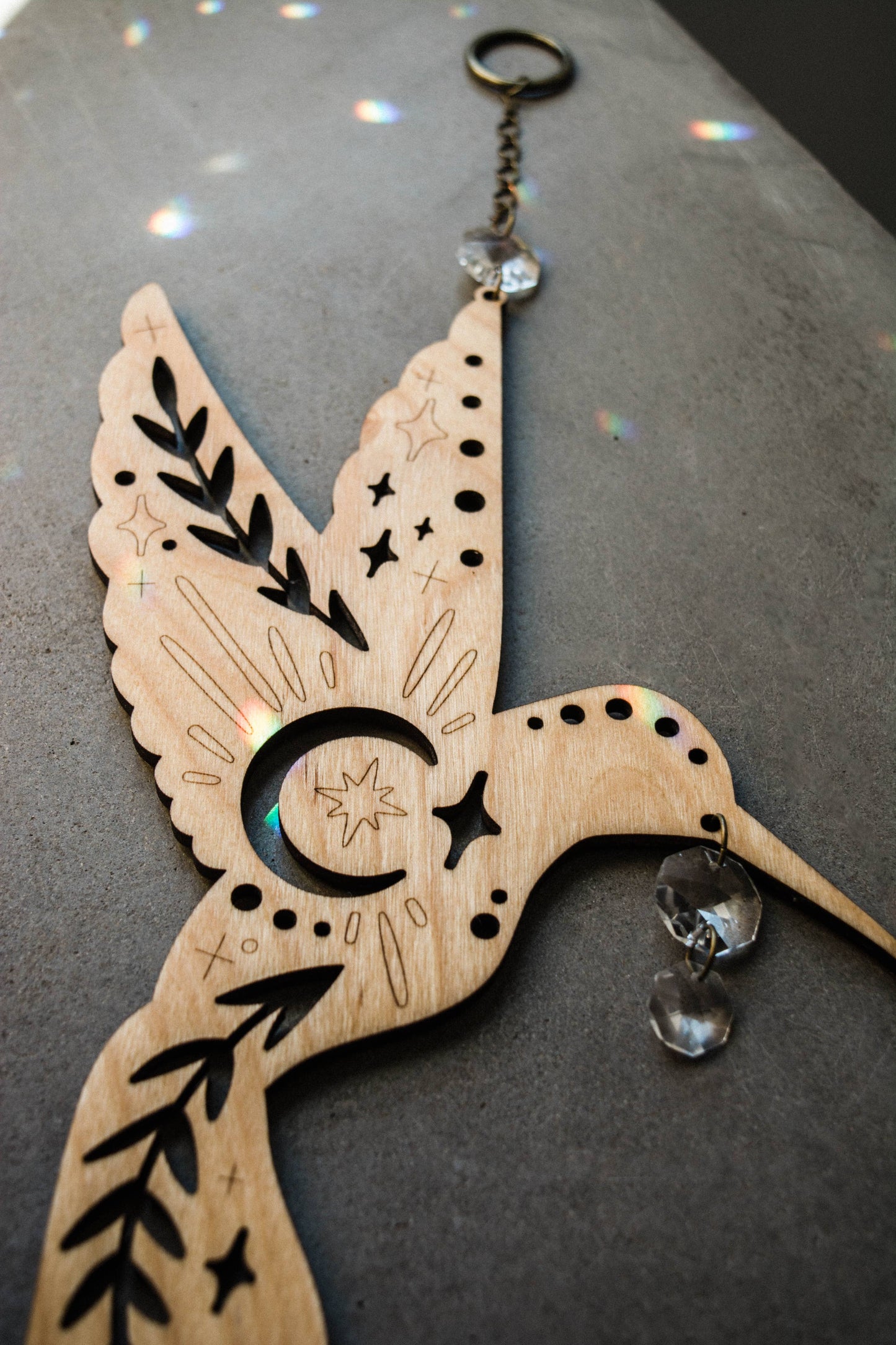 Humming Bird Wooden Hanging Suncatcher w/ Crystal Prisms