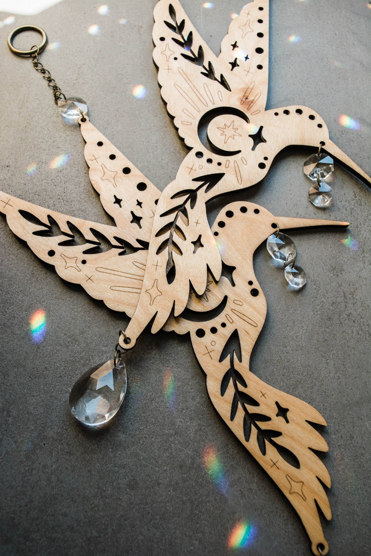 Humming Bird Wooden Hanging Suncatcher w/ Crystal Prisms