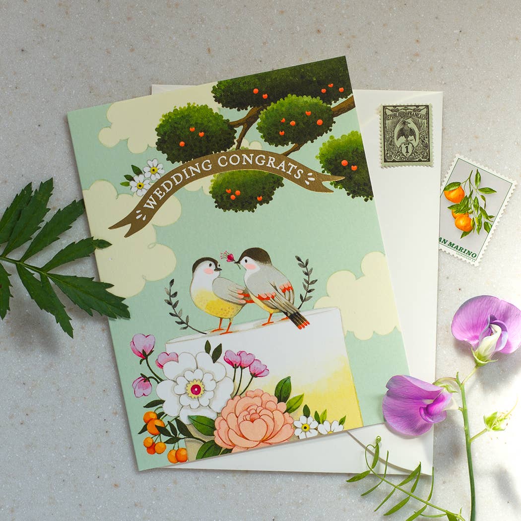 Birds on Cake Wedding Greeting Card