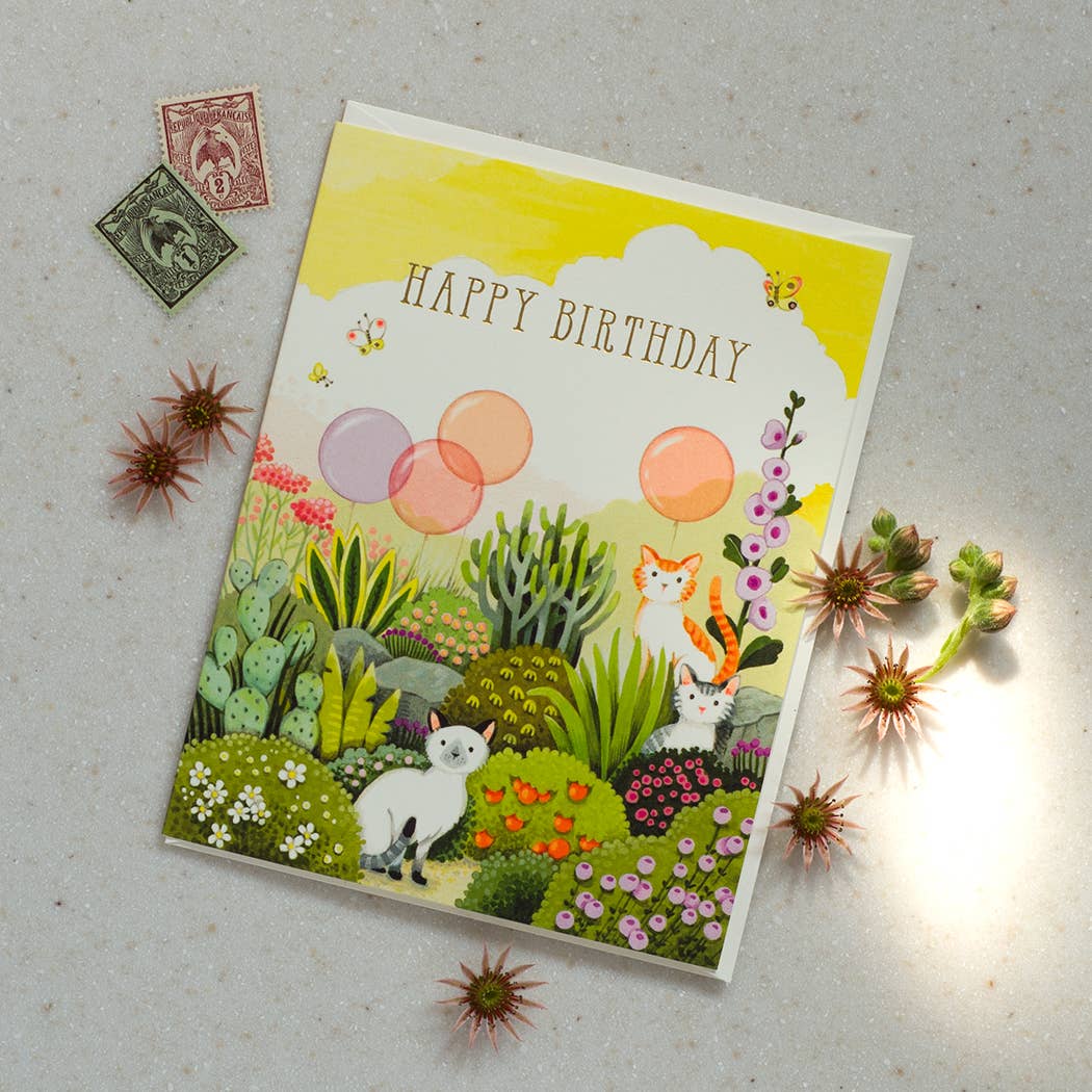 Cats in Garden Birthday Greeting Card