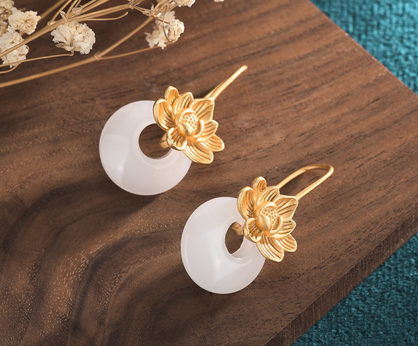 Big Golden Lotus over Jade Stud Earrings