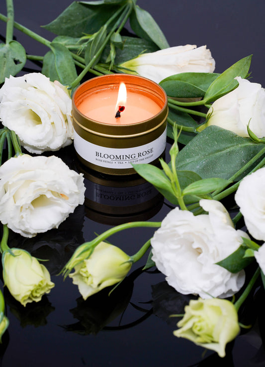 Blooming Rose 3.5oz soy/coconut wax gold tin candle