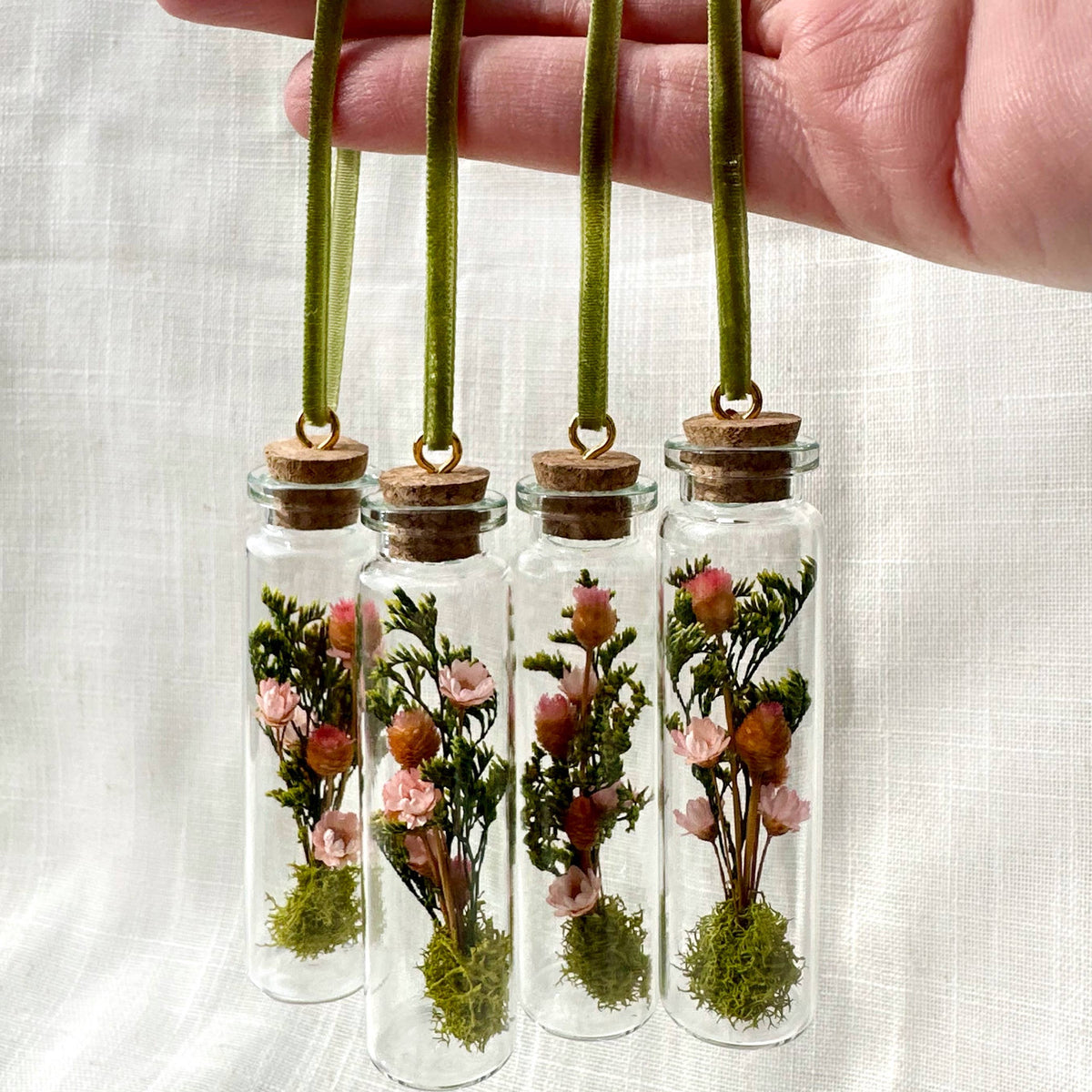Pink Wildflower Terrarium Christmas Ornament Cork Potion Jar