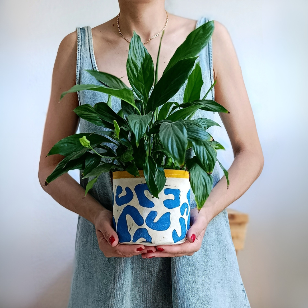 Blue Abstract Plant Pot Cover, Canvas Planter Basket