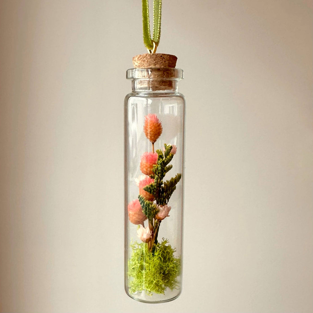 Pink Wildflower Terrarium Christmas Ornament Cork Potion Jar