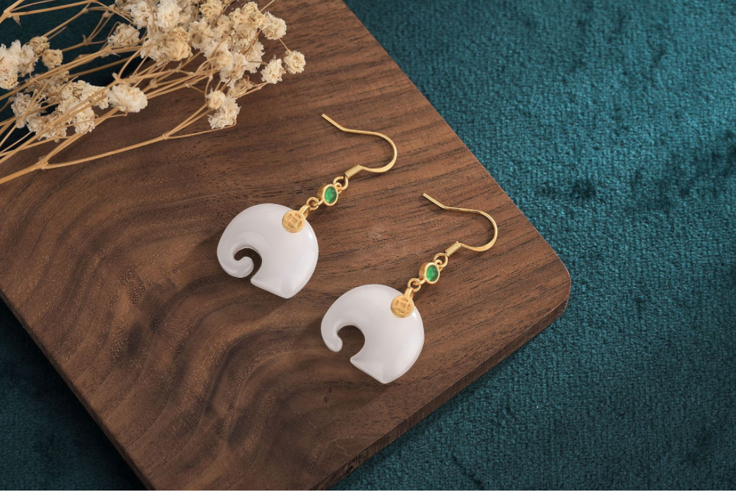 White Jade Elephant Earrings