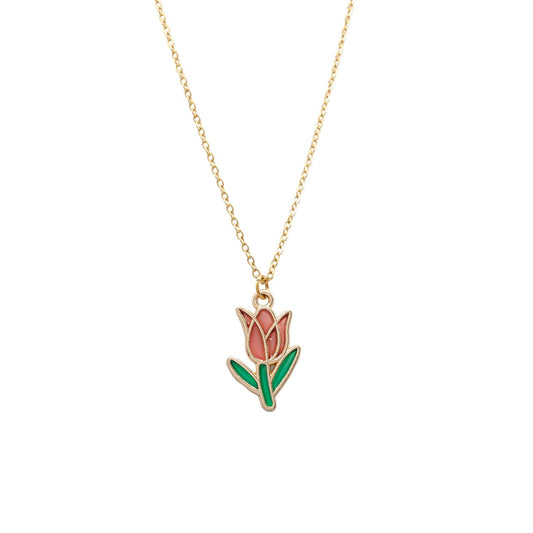 Red Tulip Enamel Flower Charm Necklace Children Gift Nature