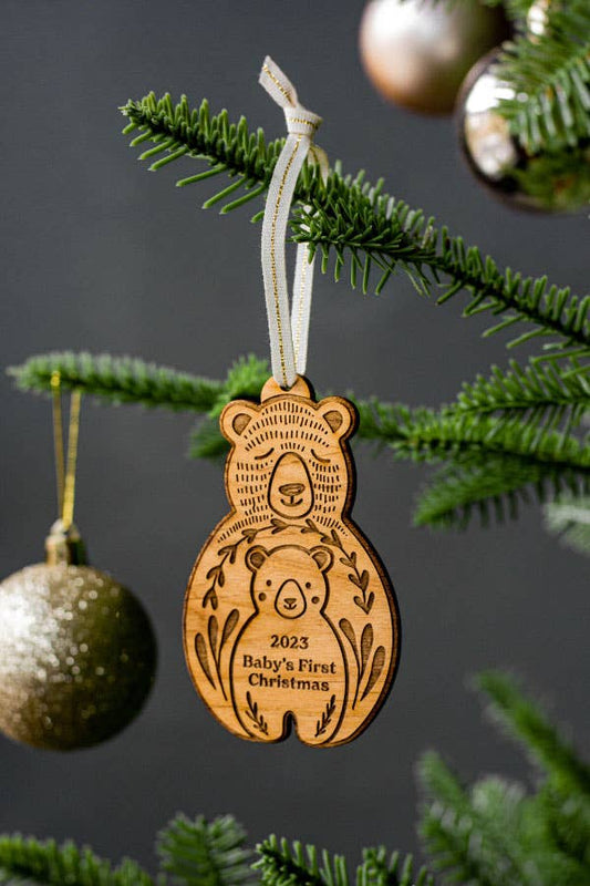Baby's First Christmas Bear and Cub Wood Ornament