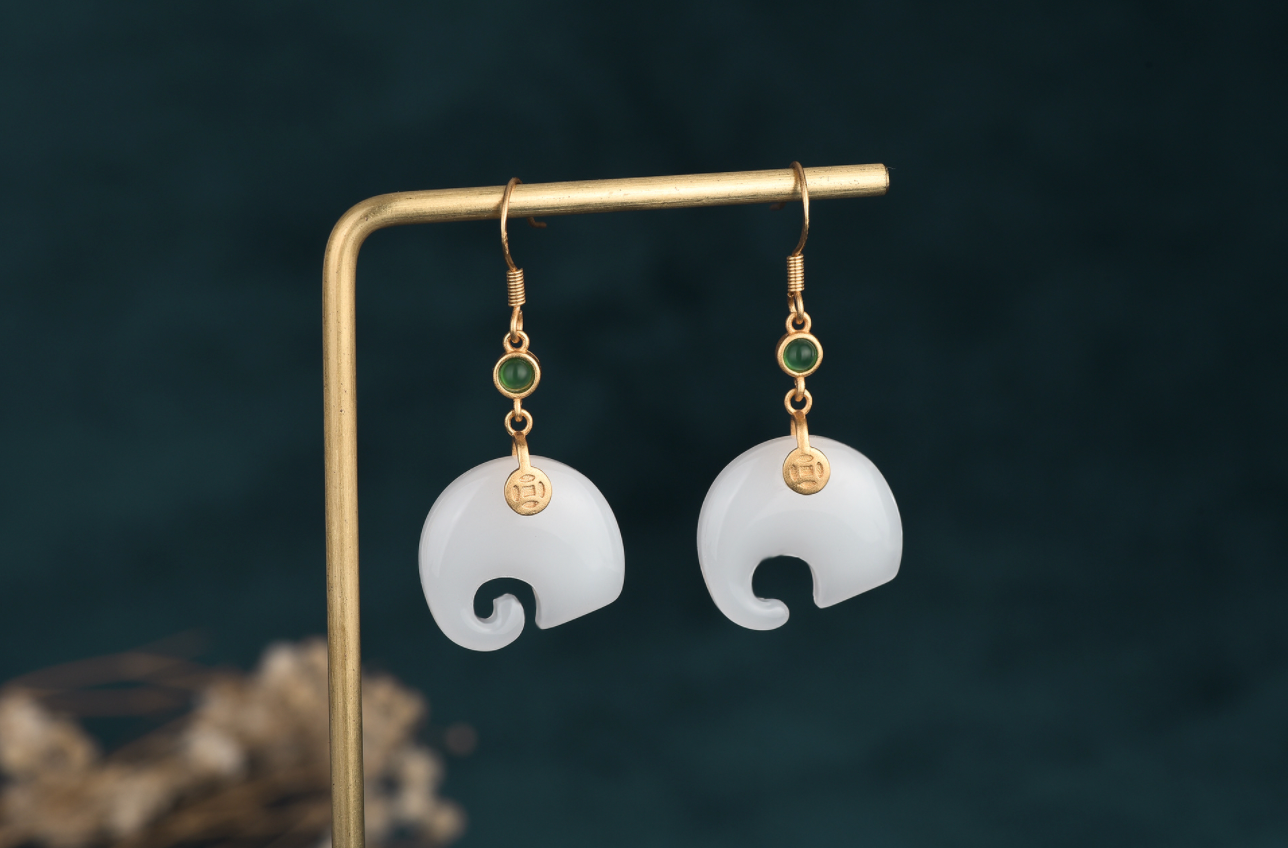 White Jade Elephant Earrings