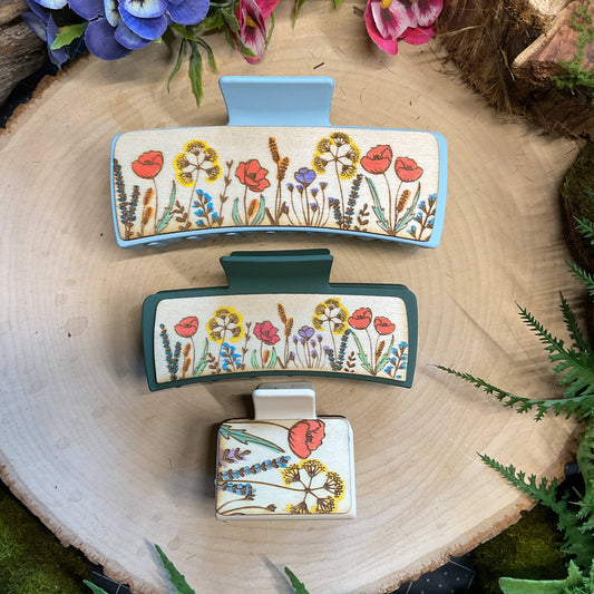 Flower Garden Wooden Claw Hair Clips in 2”, 4”, 5 inch