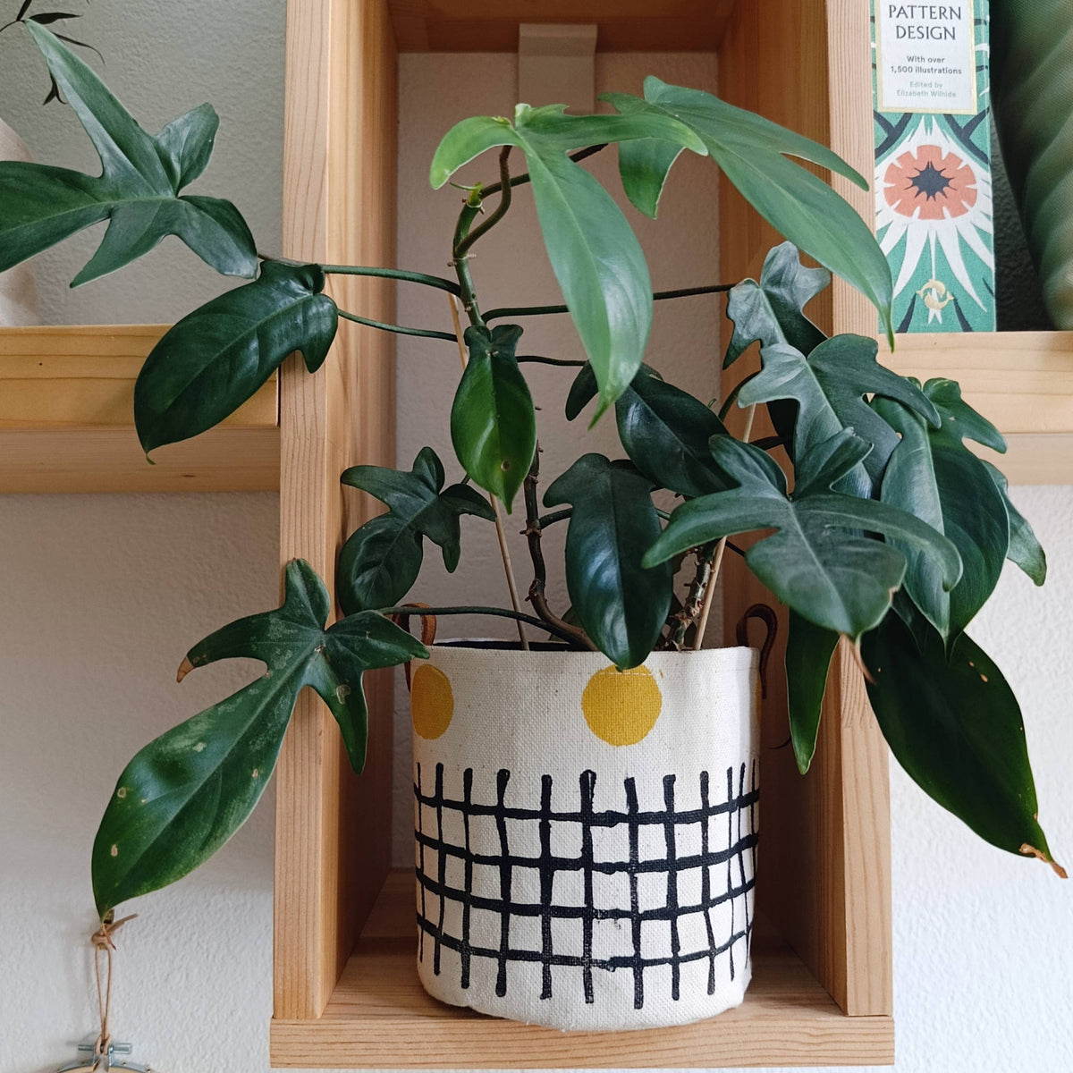 Black & Mustard Canvas Planter Cover, Grid Print Planter