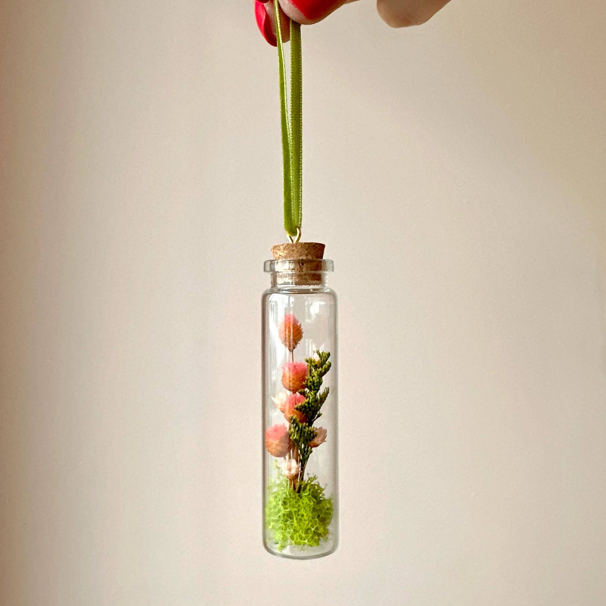 Pink Wildflower Terrarium Christmas Ornament Cork Potion Jar