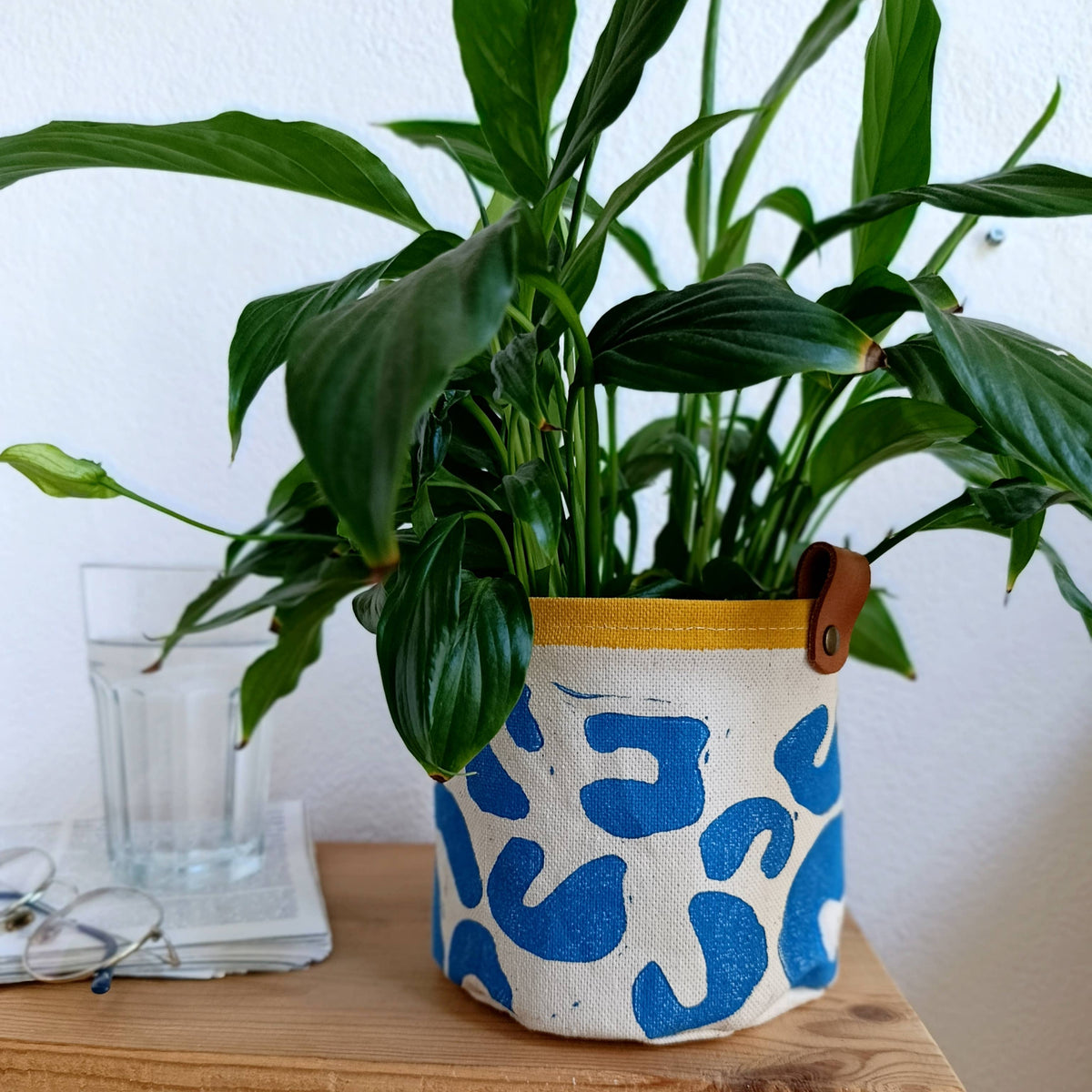 Blue Abstract Plant Pot Cover, Canvas Planter Basket