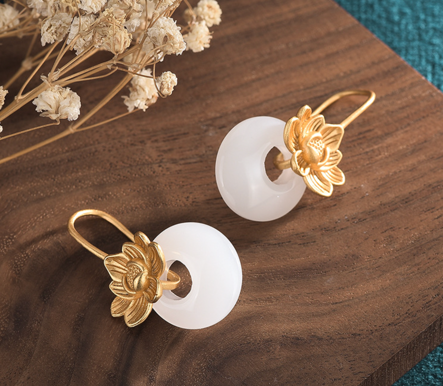 Big Golden Lotus over Jade Stud Earrings