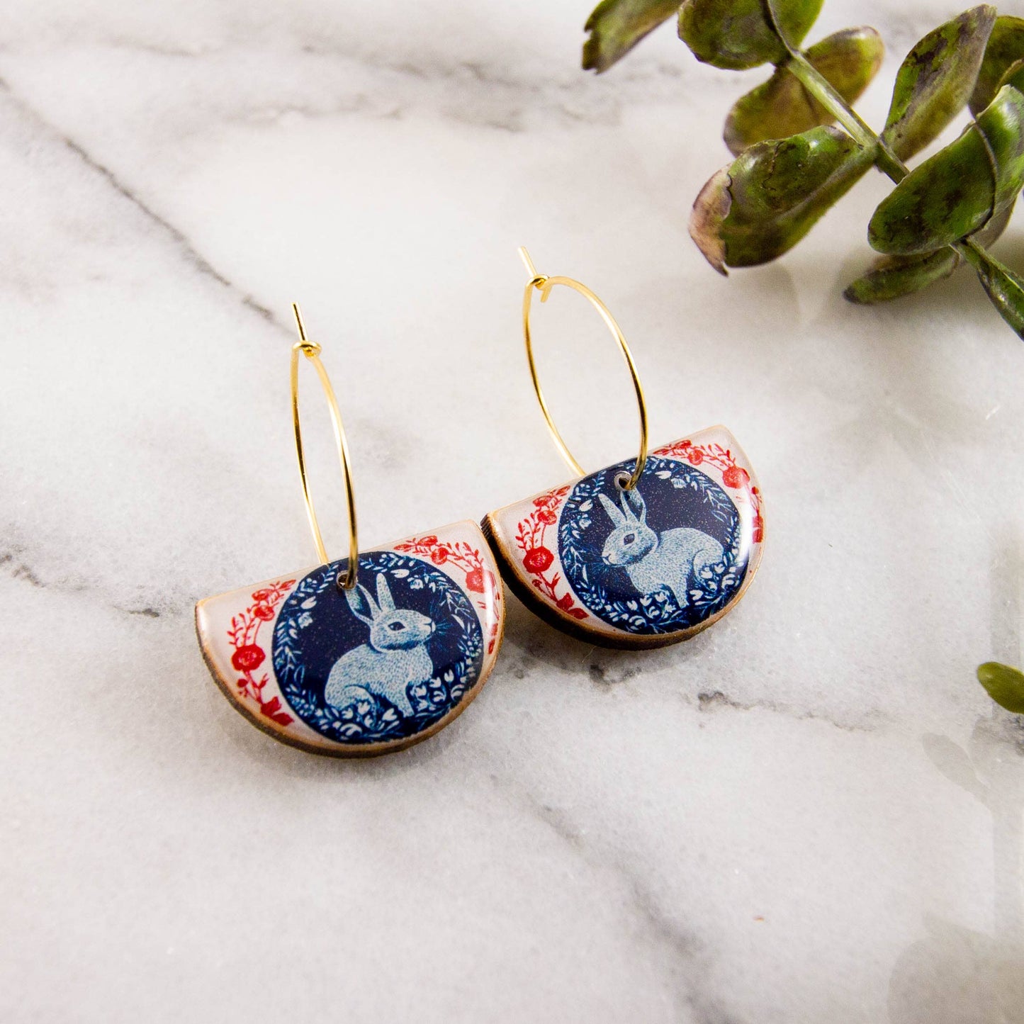 Vintage Red + Blue Rabbit Drop Hoop Earrings