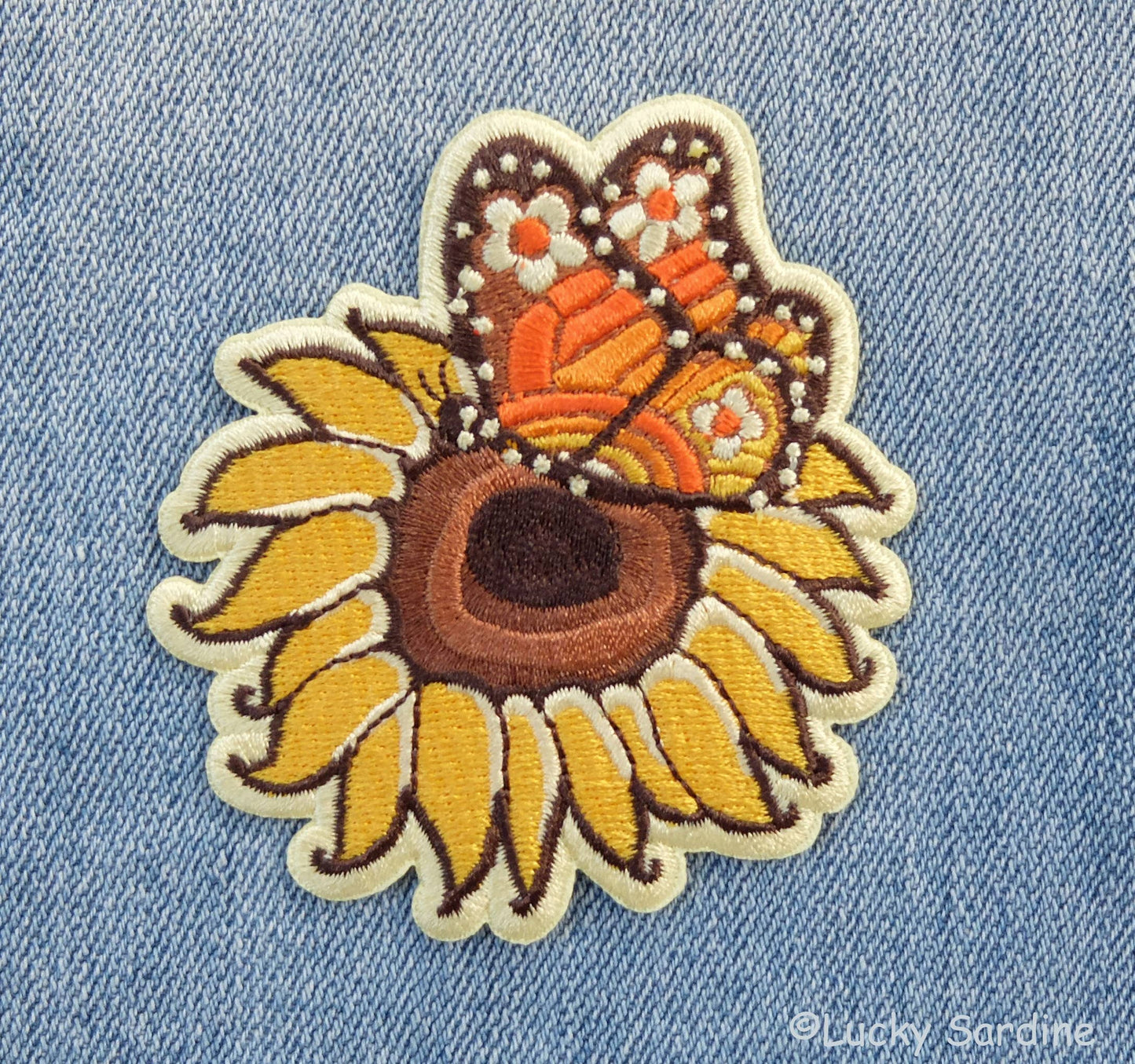 Sunflower & Monarch Butterfly, Retro Hippie Iron-On Patch
