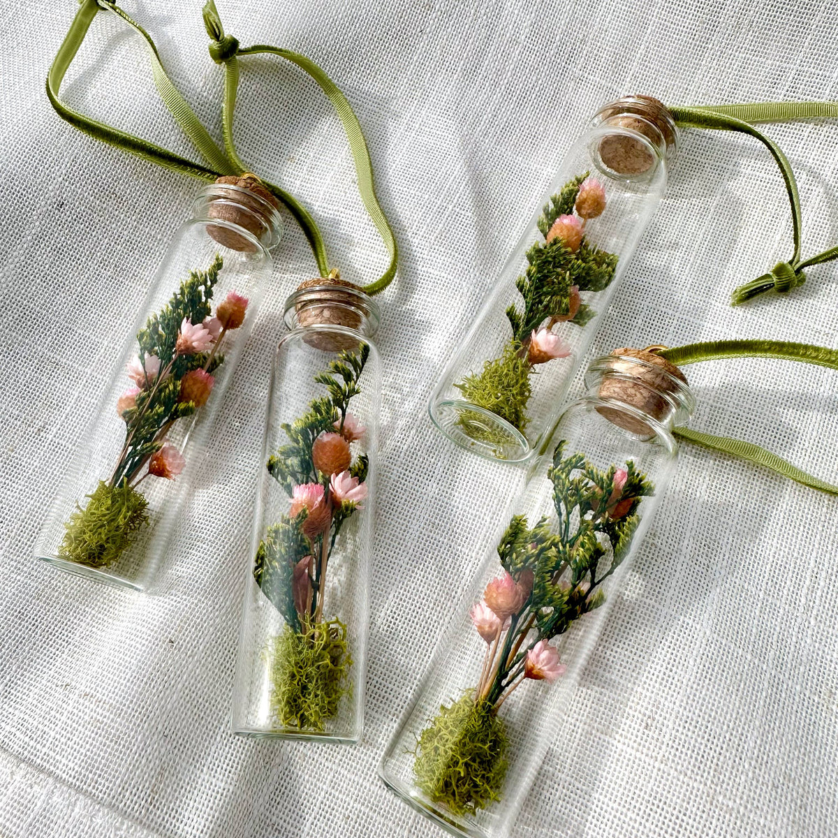 Pink Wildflower Terrarium Christmas Ornament Cork Potion Jar